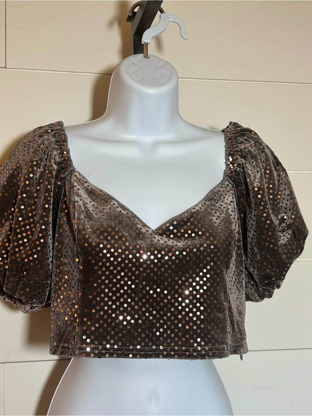 Sequin Velvet Puff Sleeve Crop Top - Brown